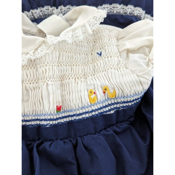 Vintage Nana's Pet Smocked Lace Collar Dress Size 12 Months Blue White Ducks - Picture 5 of 12